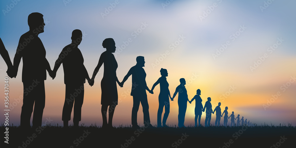 Obraz Concept de la chaîne humaine et de la solidarité avec un groupe de personnes alignées qui se donnent la main pour montrer que l’union fait la force. fototapeta, plakat