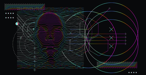 Aufkleber - Artificial Intelligence concept. 3D model of human face made of lines, Op art surreal style.