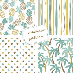 Wall Mural - Set of 4 vintage seamless tropical patterns in retro colors. Hand drawn. Vector illustration for ceramic tile, wallpaper, textile, invitation, greeting card, web page background