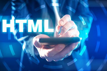 learning html. man learns html programming. html lettering next