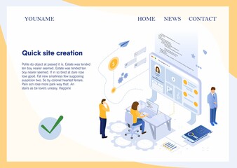 Wall Mural - The concept of creating a site. Workers run the site. Engaged in coding, market research. All business processes is under the control of the boss. Vector illustration in 3d isometric style. Landing