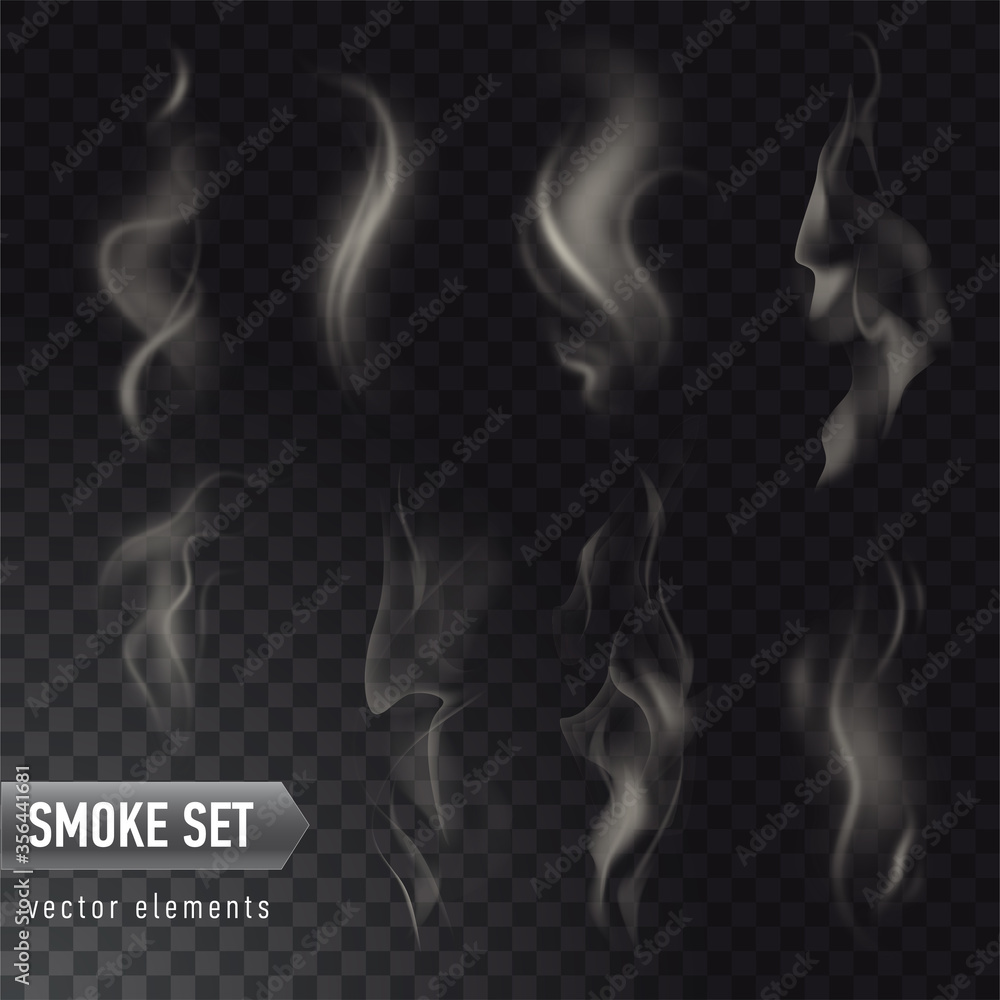 Set of high detailed smokes from hot food or drink isolated on transparent background - obrazy, fototapety, plakaty 