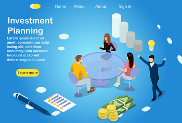 Wall Mural - Investment planning. Workshop employees plan investments. Teamwork and head manager has a brilliant idea for investing money and growing. 3d vector template illustration for website, banner, poster.