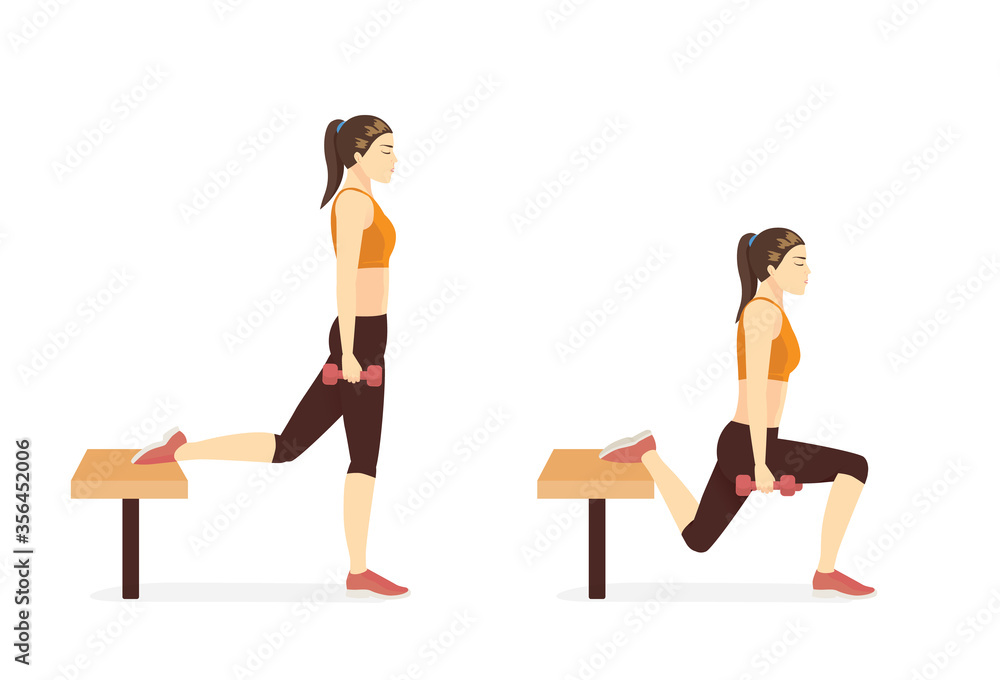 Sport woman doing the Bulgarian Split Squat with Bench and dumbbell in ...