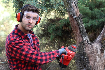 Wall Mural - Young man cutting trees with electric chainsaw 
