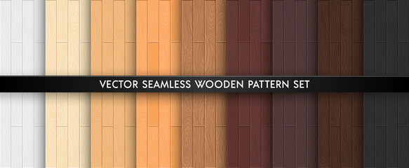 Wood textured seamless pattern set. Light and dark brown natural colors wooden boards repeat texture collection. Vector illustration for design, flat interiours, print, paper, decor, photo background
