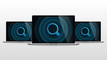 Wall Mural - Laptop computer portable device with search tool. Realistic laptop monitor with Magnifier symbol in screen and light gradient background.