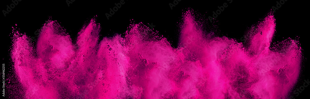 pink magenta holi paint color powder explosion isolated  dark black background. industry beautiful party festival concept - obrazy, fototapety, plakaty 