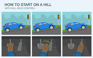 Driving a car. How to start on a hill infographic. Suv car stopped at traffic light on a hill. Flat vector illustration.