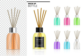 mock up glossy transparent reed diffuser bottle with perfume oil product branding advertising with p