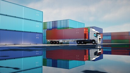 Wall Mural - Truck in container depot, wharehouse, seaport. Cargo containers. Logistic and business concept. 3d rendering.