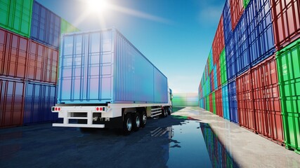 Wall Mural - Truck in container depot, wharehouse, seaport. Cargo containers. Logistic and business concept. 3d rendering.