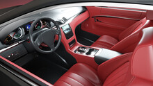 Red Leather Interior Of Luxury Black Sport Car . Realistic 3d Rendering.
