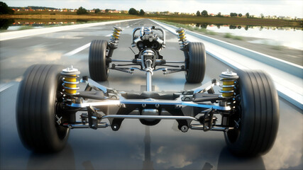 Car chassis with engine on highway. Very fast driving. Auto concept. 3d rendering.