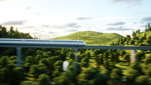 Futuristic, Modern Maglev Train Passing On Mono Rail. Ecological Future Concept. Aerial Nature View. 3d Rendering.