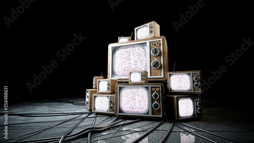 Fotomural heaps of retro, antique tv in dark room. 3d rendering.
