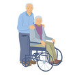 © Екатерина Бондарук - Elderly couple. Woman sits in a wheelchair. A man hugs her shoulders. Vector illustration. Isolated on a white background.