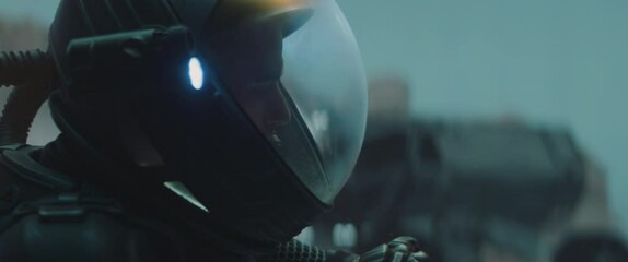 Wall Mural - caucasian male astronaunt checking hud on her suit while exploring planet surface, mars colonization