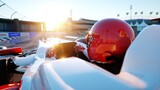 Fototapeta Perspektywa 3d - Racer of formula 1 in a racing car. Race and motivation concept. Wonderfull sunset. 3d rendering.
