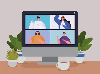 Wall Mural - People on computer in video conference design, Call online chat and webcam theme Vector illustration