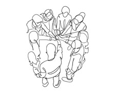 Top View Continuous Line Drawing Of Young Business Group Holding Hand Together. Business Teamwork Concept - Single Line Drawing Vector. Continuous Line Drawing Of Team Holding Hands Together. Vector.