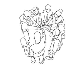 top view continuous line drawing of young business group holding hand together. business teamwork co