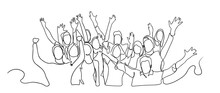 Continuous Line Drawing Of Happy Cheerful Crowd Of People. Cheerful Crowd Cheering Illustration. Hands Up. Group Of Applause People Continuous One Line Vector Drawing. Audience Silhouette Hand Drawn. 