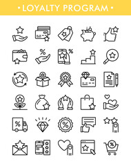 Loyalty program. Vector set of loyalty program line icons for website, web, app, graphic design. Marketing concept. Bonus and exchanging card for customers, lottery prizes. Shopping bonus system 
