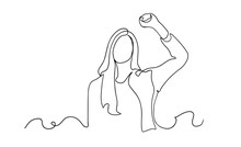 Strong Woman Continuous One Line Drawing. Continuous One Line Drawing Long Hair Girl Power Pose. Beautiful Woman Protesting Vector.