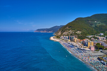 Canvas Print - Beautiful resort town of Deiva Marina, Italy. aerial view of beach resorts