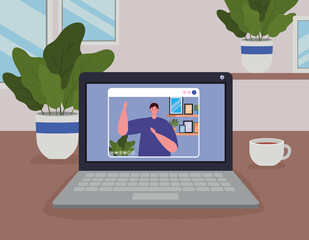 Wall Mural - Man avatar on laptop in video chat design, Call online conference and webcam theme Vector illustration