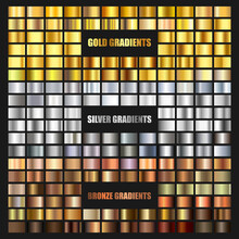 Vector Set Of Gold, Bronze And Silver Gradient Background. Golden And Metallic Gradient Collection For Border, Frame, Ribbon, Label Design. Color Swatch. Gold Foil Texture Gradation.