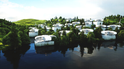 futuristic city, village. The concept of the future. Aerial view. 3d rendering.