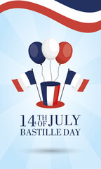 Sticker - bastille day celebration card with france flags in balloons helium and tophat