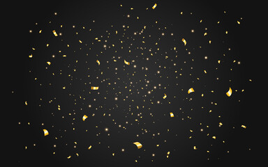 Poster - Gold dust with confetti. Glowing particles on black backdrop. Bright golden powder. Christmas bokeh lights. Luxury decoration for card, banner, anniversary. Vector illustration
