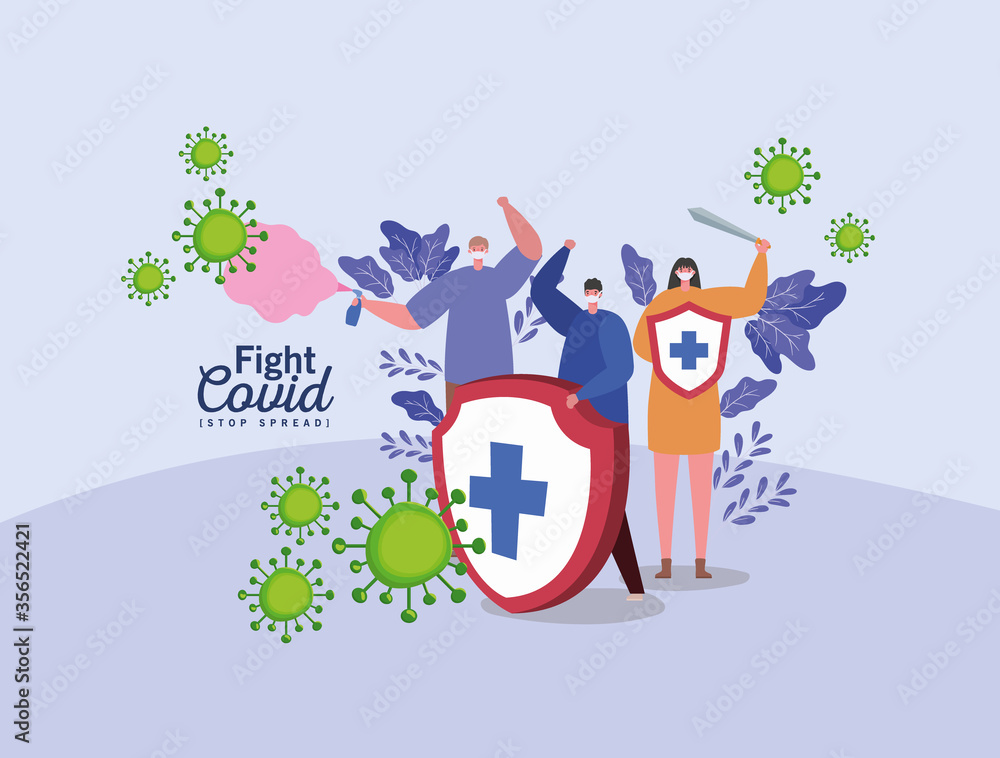 People with masks shield sword and spray design of Fight covid 19 virus and stop spread theme Vector illustration - obrazy, fototapety, plakaty 