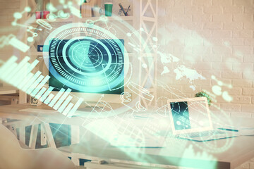 Fototapete - Double exposure of business theme drawing and office interior background. Concept of success