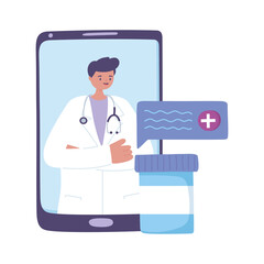 Sticker - telemedicine, male doctor smartphone prescription medicine, consultation treatment and online healthcare services