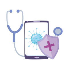 Sticker - telemedicine, smartphone stethoscope and shield, coronavirus spread, medical treatment and online healthcare services