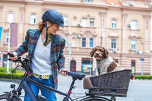 Young Woman Pushing Her Electric Bicycle With The Dog In The Basket