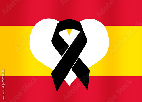 Fotografía Bandera de España con lazo negro por el Coronavirus