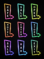Wall Mural - neon light realistic arrows signs set on transparent background. gradient pointer signboard cafe, sa