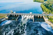 Hydroelectric Dam Or Hydro Power Station, Aerial View.