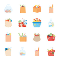 Poster - bags and boxes with grocery products icon set, detailed style