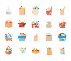 Poster - bags and shopping carts with grocery products icon set, detailed style