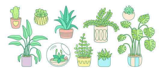 Wall Mural - Plant and succulents, potted ceramic cartoon doodle line set. Color linear flat house indoor flower. House plants, cactus, monstera, aloe flowerpot. Interior decor collection. Vector illustration