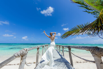 Bride back view in a white wedding dress walking on the sandy caribbean beach landscape on  sunny day in Dominican republic 