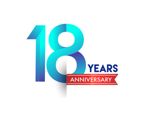 18th Anniversary celebration logotype blue colored with red ribbon, isolated on white background.