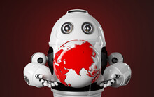 Robot Holds Red Earth Globe