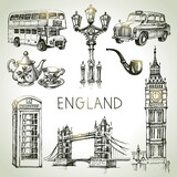 Fototapeta Londyn - Hand drawn sketch England set. Vector black and white vector vintage London illustration. Great Britain elements